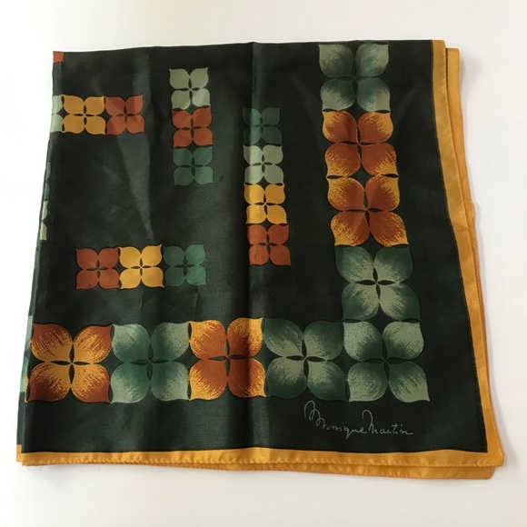 Signed Monique Martin 27” Square Green Gold Scarf - Picture 2 of 4